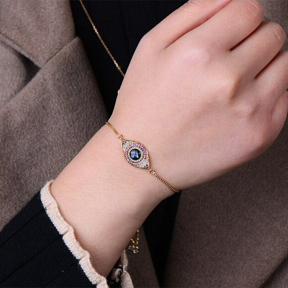 Evil Eye 18k Yellow Gold Multi-Color Sparkly Adjustable Bracelet - Picture 3 of 5